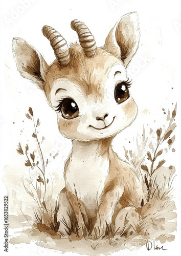A cute, cartoon-style goat with big eyes sitting among soft, natural elements in a light color palette.