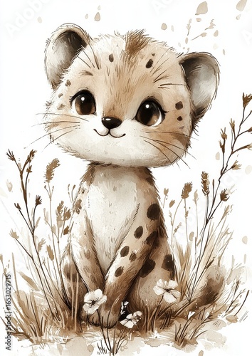A cute, cartoon-style baby leopard sitting among plants and flowers with a cheerful expression.