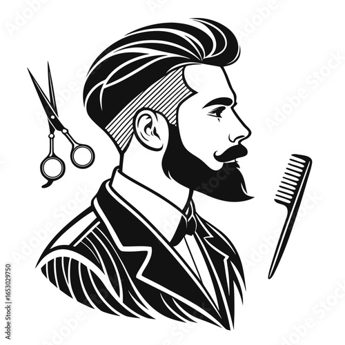 Stylish man with beard and barber tools illustration