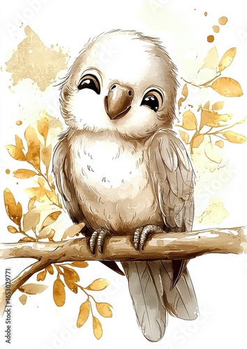 A cute, cartoon-style bird sitting on a branch surrounded by delicate leaves and a soft, warm background.