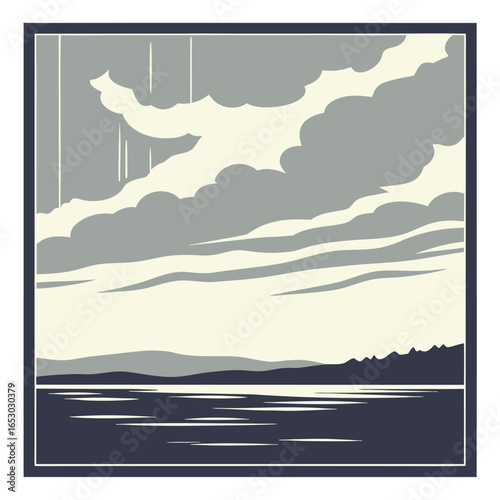 Stylized abstract landscape with grey clouds over dark water and hills nature