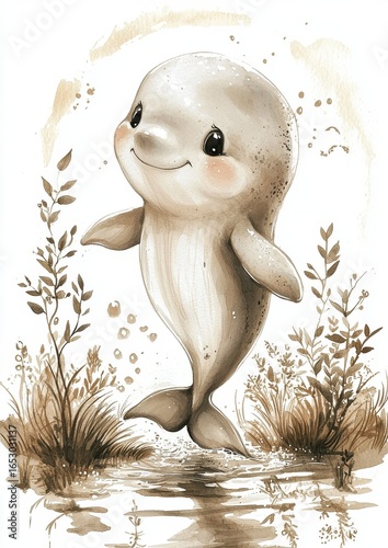 A cute, cartoon-style baby seal with a cheerful expression, surrounded by subtle plants and a sandy texture.
