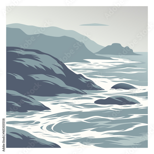 Stylized coastal landscape with blue water and grey mountains ocean vector