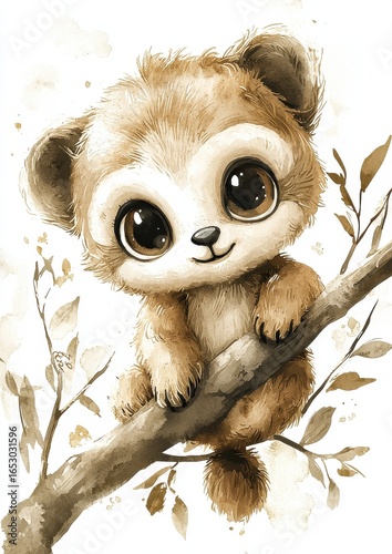 A cute, cartoon-style bear character perched on a branch amidst subtle natural elements in a soft color palette.