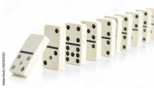 Falling Dominoes Chain Reaction White Background Close up Game Pieces Sequence