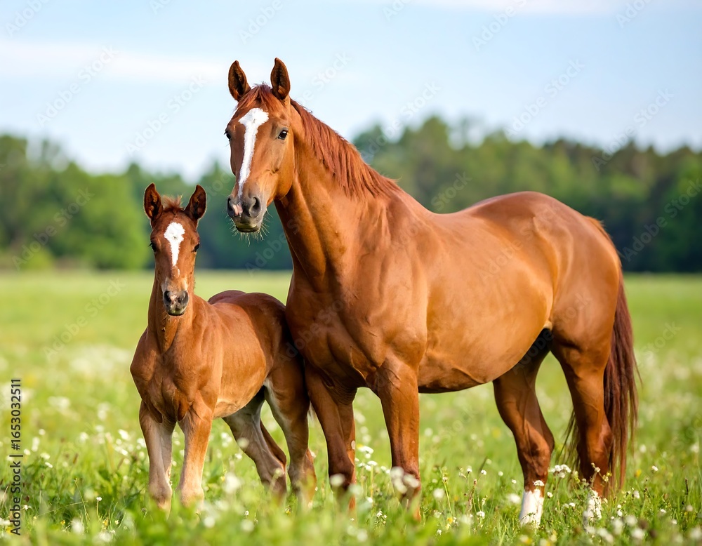 Fototapeta premium Mother horse and foal in a field