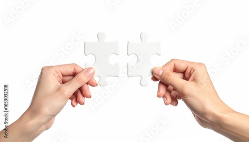 Two Hands Connecting White Jigsaw Puzzle Pieces Teamwork Concept Solution Collaboration