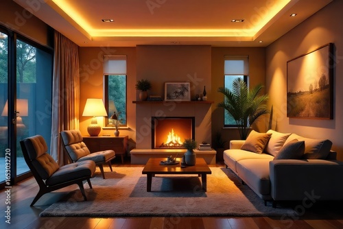 Warm, inviting living room illuminated by soft, ambient lighting Stylish lamps create a cozy atmosphere perfect for relaxation and entertaining Modern home interior design , bulb, residential