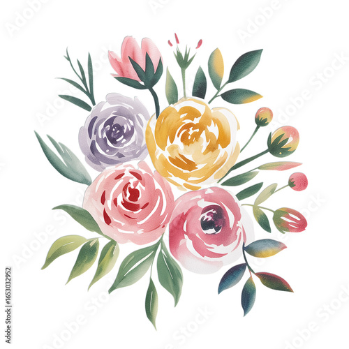 Watercolor floral arrangement with roses and leaves on black background