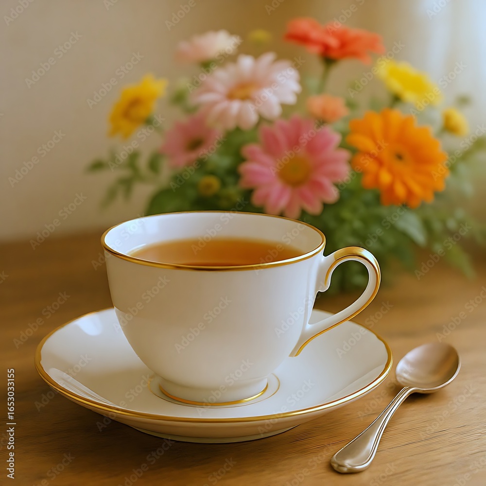 Fototapeta premium Delicate white teacup with gold trim, surrounded by flowers, on a wooden table.