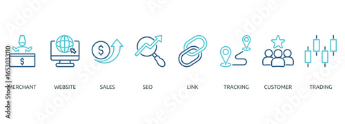 affiliate marketing outline color banner icon of merchant, website, sales, seo, link, tracking, customer, trading
