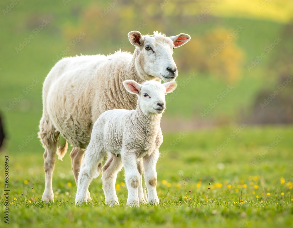 Obraz premium Mother sheep and lamb in a field