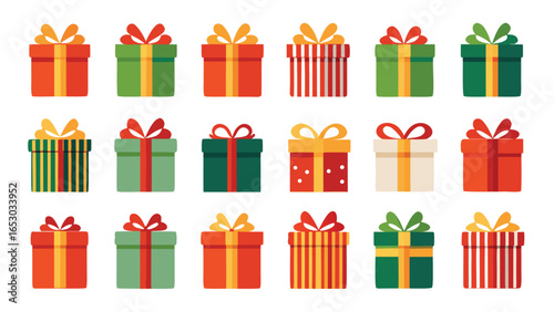 Collection of colorful gift boxes with ribbons and bows for Christmas or birthday