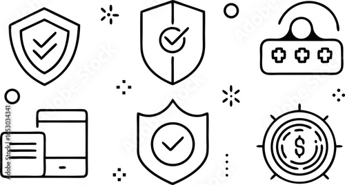 Cyber Security and Digital Protection Symbols: A collection of vector icons symbolizing robust cyber security measures, including password protection, data encryption, and transaction safety.
