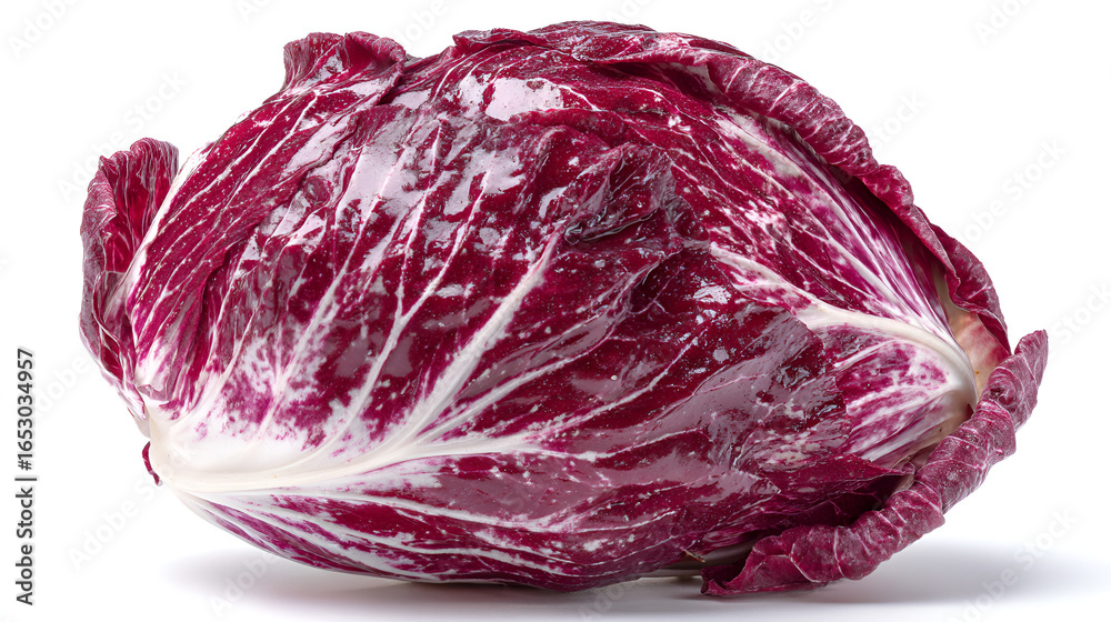 Obraz premium Vibrant radicchio head with red and white speckled leaves, fresh and crisp, displayed against a white backdrop.