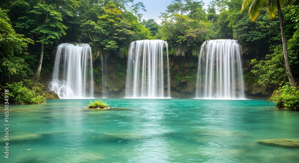 Fototapeta premium Stunning Triple Waterfall in Lush Tropical Rainforest with Turquoise Pool