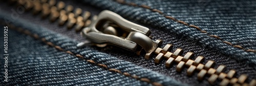 Metal zipper on blue denim jeans with brown stitching in a macro shot