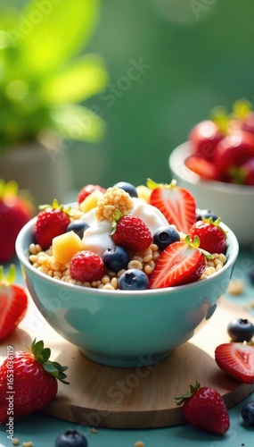 Sunlit Summer Berry Cereal Parfait Overflowing with Fresh Berries, Tropical Fruits, and Creamy Yogurt, a Healthy and Delicious Breakfast
