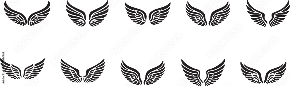 Obraz premium winged icons badge and emblem set line art vector stylized angel wing designs with halo