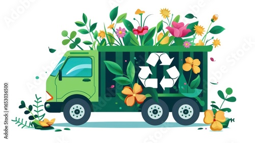 Illustration of eco recycling truck filled with colorful flowers and leaves with recycle symbol on bright background