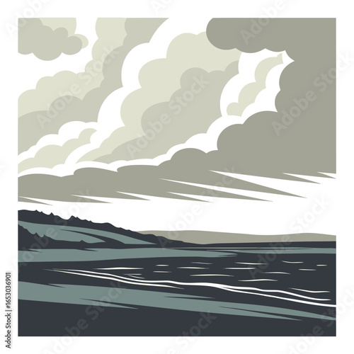 Stylized landscape with muted clouds over water and land nature
