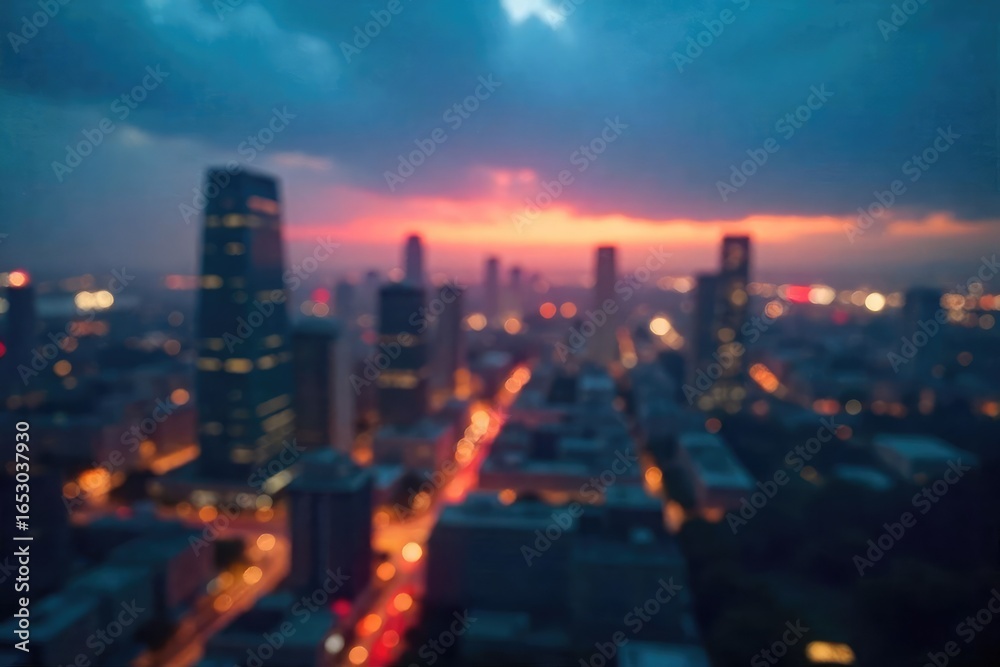 Fototapeta premium A blurred city skyline at dusk, subtly suggesting the hidden costs associated with urban development and progress The image evokes a sense of mystery and financial weight , risk, ambiance, purple