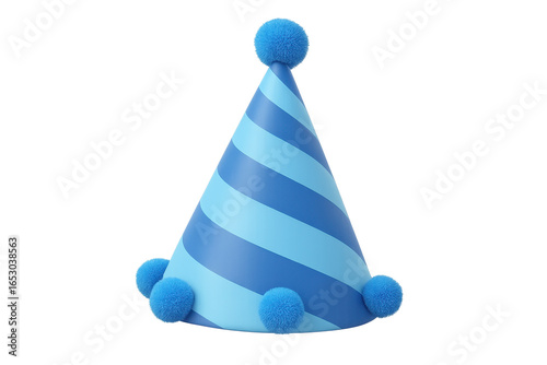 Blue and light blue striped party hat with pom poms on transparent background
