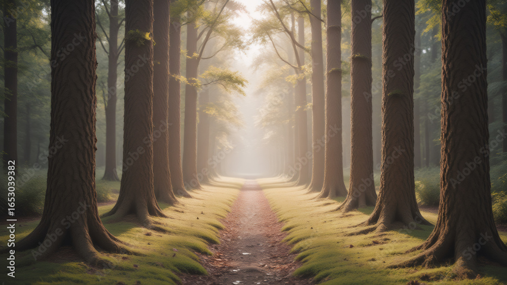 Obraz premium Lined Forest Path in Morning Sunlight, a Tranquil Nature Scene