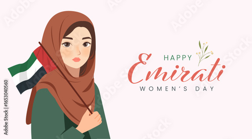 Emirates Women's Day Design with Female with Hijab Vector Illustration. Emirati Womens Day Template Suitable for Poster Banner Flyer Background. UAE Women's Day August.