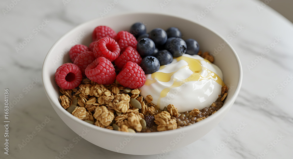 Delicious bowl with yogurt, granola, raspberries, blueberries, and a drizzle of honey on a table. Delicious bowl with yogurt, granola, raspberries, blueberries, and a drizzle of honey on a table.
