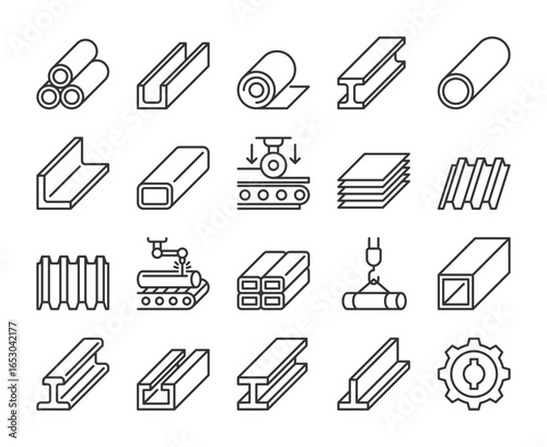 Metal and steel products icons. Steel production line icon set. Editable Stroke.