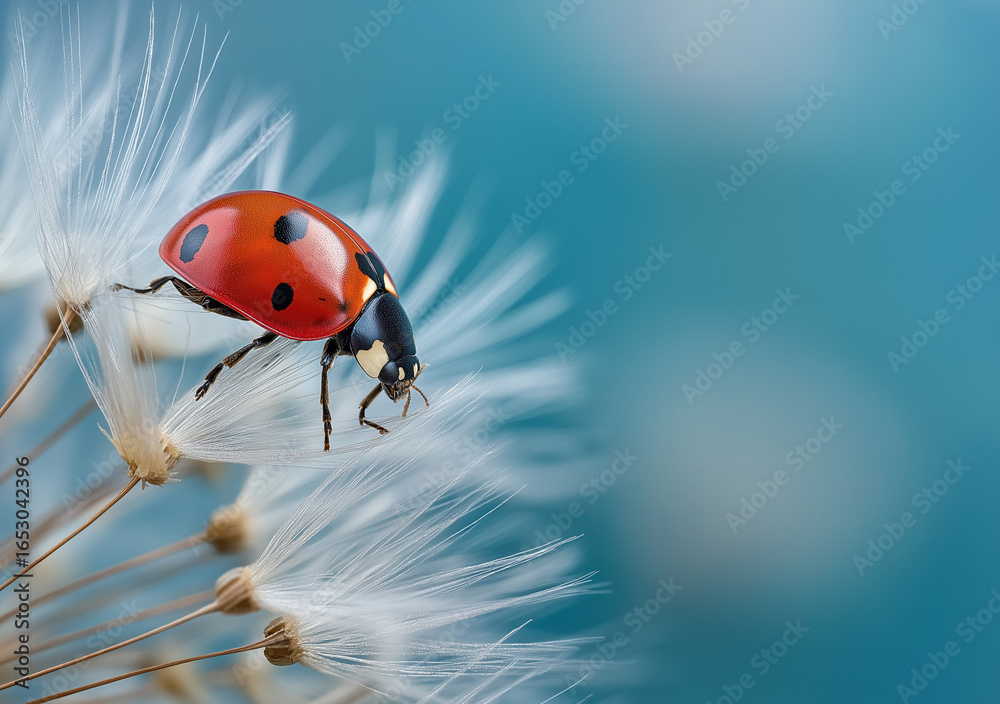 Obraz premium A close-up of an elegant ladybug perched on the fluffy seeds of a dandelion, in the style of macro photography, with a macro lens capturing intricate details and textures. A serene white background en