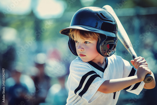 Young boy in a baseball uniform hitting a ball on a sunny suburban field, blurred background with cheering parents.