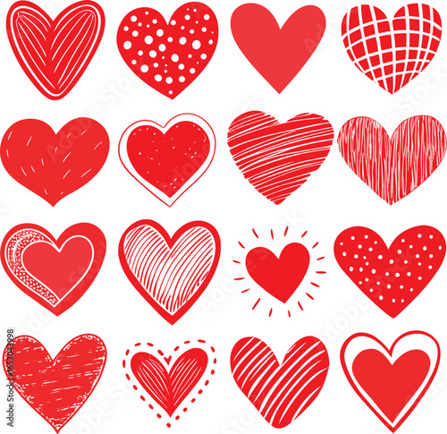 Set of hand-drawn red hearts in different styles and shapes,Collection of hand-drawn red hearts on vector, Valentine's Day designs,Vibrant collection of hand-drawn red hearts,Set of red hearts,Ai