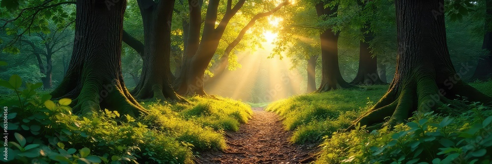 Fototapeta premium Sun-dappled woodland path winds through ancient trees, sunlight filtering through leaves onto mossy ground A sense of peace and tranquility pervades the scene , enchanted, calm