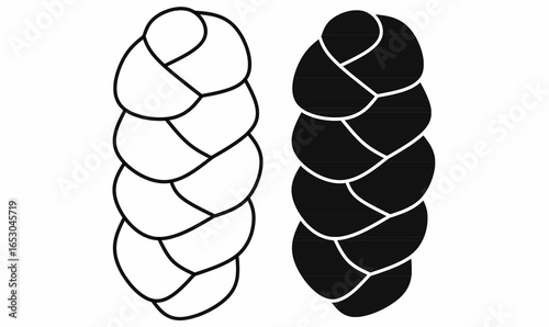 Challah or hallah also known as berches bread icon in outline and silhouette solid style, showing braided loaf with rounded segments, perfect for food, bakery, Jewish tradition, Shabbat, holiday, and 