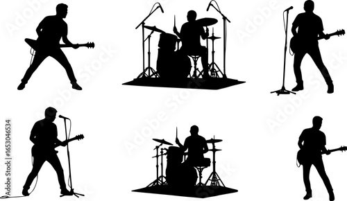 Silhouette of a band performing with guitars and microphones on a white background in a concert setting | eps vectors

