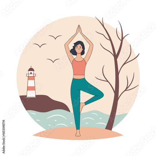 Woman in yoga tree pose by lighthouse and ocean waves vrikshasana meditation