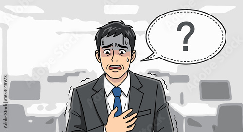 Illustration of a stressed businessman with a look of fear and a question mark, symbolizing workplace anxiety and confusion