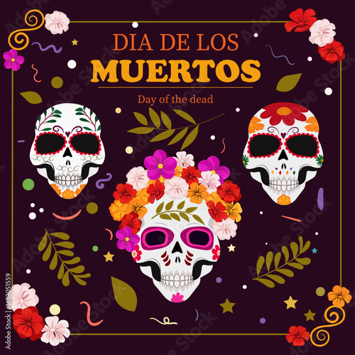Dia De Los Muertos. Sugar Skulls. Mexican holiday Day of the Dead.  Hand drown design element for banner, greeting card, poster, cover or background. Vector illustration

