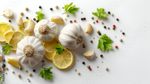 Fresh garlic bulbs, lemon slices, peppercorns, and parsley create a savory culinary arrangement.