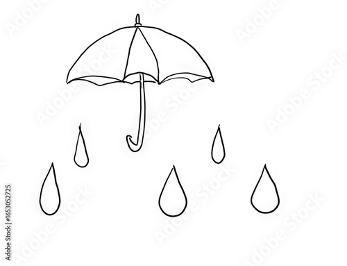 Umbrella with raindrops, on a transparent background. Black and white pencil drawing.