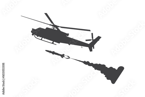 Silhouette of a military attack helicopter firing a missile, representing war, defense, combat and aviation concepts.