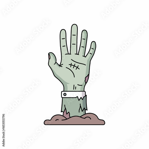 An illustrated green zombie hand with stitches and a torn sleeve rising from the ground.