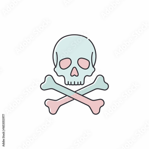 A stylized illustration of a pastel blue skull with pink accents over two crossed bones.