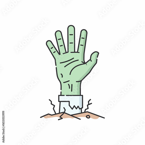 A cartoon illustration of a green zombie hand rising from the grave, breaking through the cracked earth.