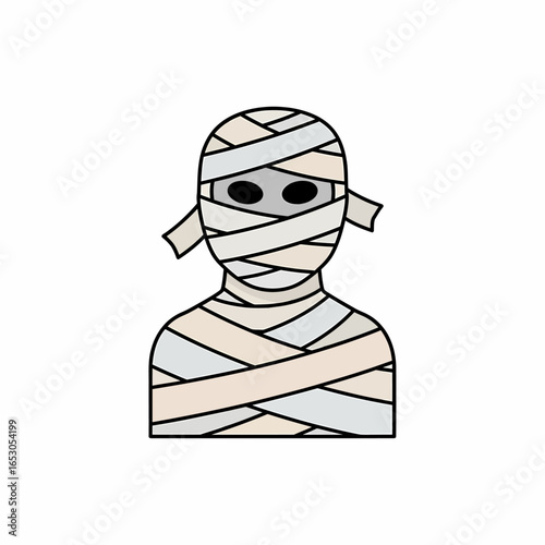 A cartoon illustration of a mummy's head and shoulders wrapped in beige and grey bandages.