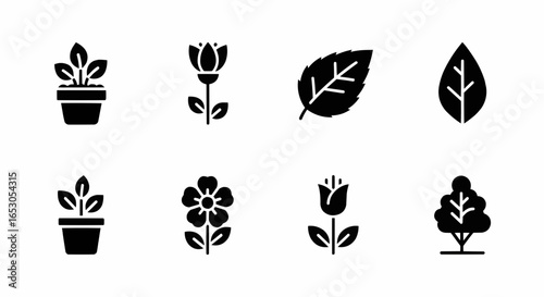 Collection of solid black floral icons with roses, tulips, and decorative leaves for botanical, natural, and ornamental design themes.