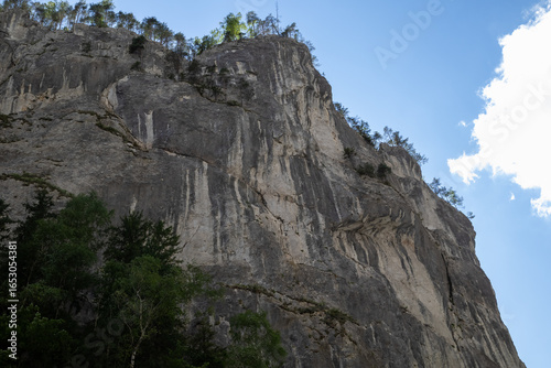 Wallpaper Mural limestone cliff face, rugged texture, forest at base, clear blue sky, white clouds, natural outdoor rock formation, dramatic landscape, vertical perspective Torontodigital.ca