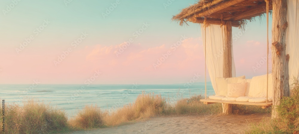 Obraz premium Minimalist Pale Yellow Fabric Swing by the Ocean — Serene Morning Beach Scene with Soft Light